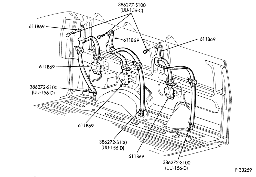 Схема SEATS AND SEAT BELTS-Seat belts & shoulder harness - rear 2nd, 3rd & 4th row bench seat - L.H.-E150/450