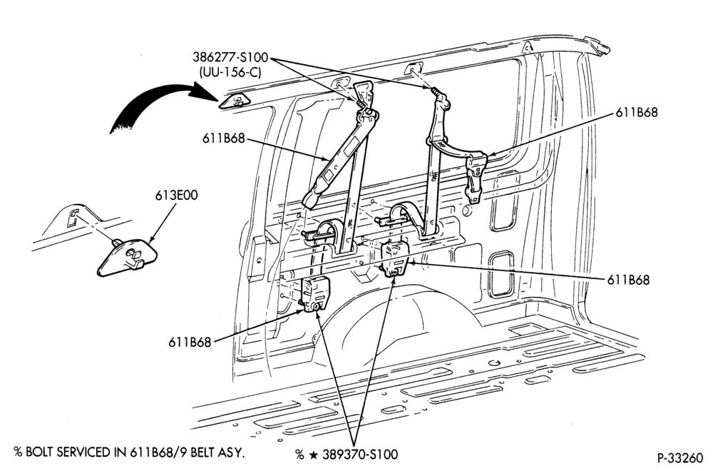 Схема SEATS AND SEAT BELTS-Seat belts & shoulder harness - rear 2nd row capt. chair & 3rd row bed seat - R.H. side-E150/450