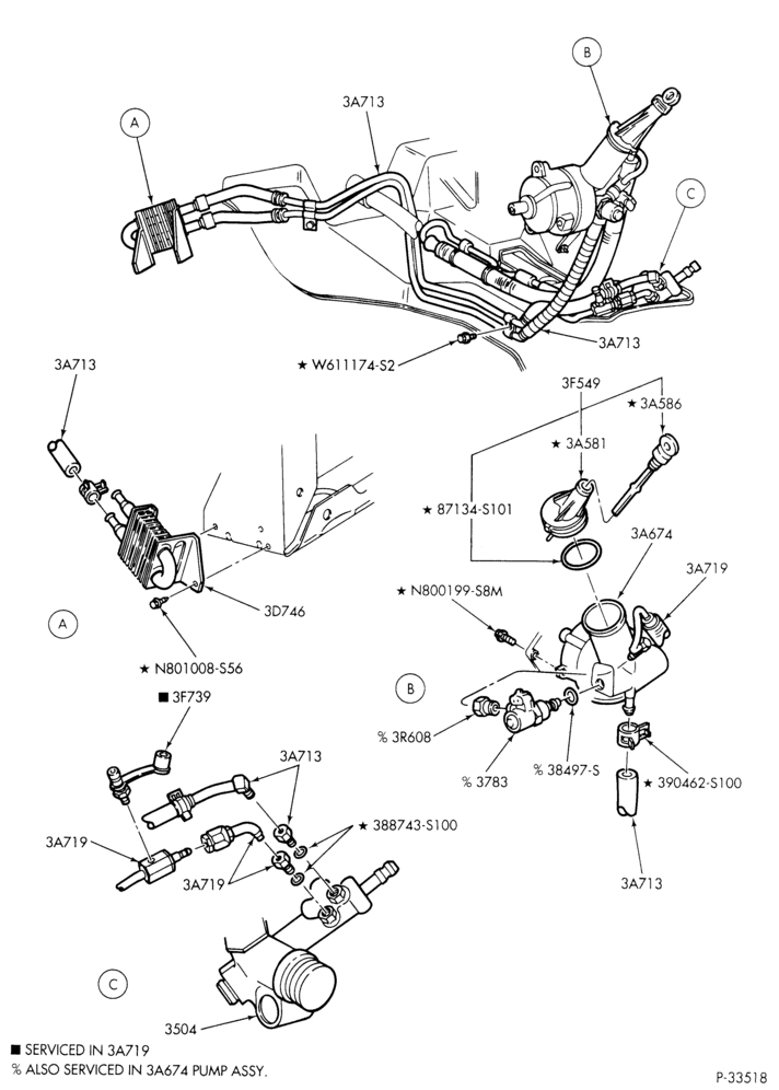 Схема STEERING-Power steering system - Hose & pump installation - 6 cyl. 3.8L - with oil cooler