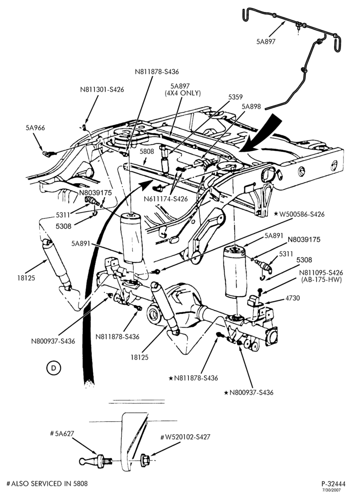 Схема SPRING, STABILIZERS, REAR SUSPENSION-Rear suspension - load leveling - rear suspension - Page B-F250-Under 8500# GVW