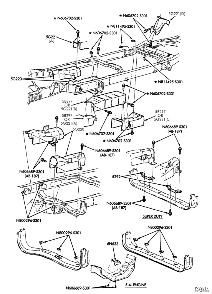 Схема SPRING, STABILIZERS, REAR SUSPENSION-Exhaust system - shields - frame mounted - 6 cyl. 4.2L, 8 cyl. 4.6L, 5.4L & 10 cyl. 6.8L-E150/550
