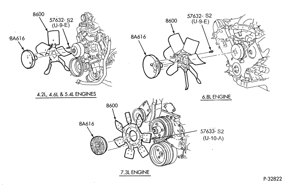 Схема Радиатор, GRILL AND COOLING-Cooling fan, clutch & related parts - 8 cyl. 4.6L & 5.4L, 10 cyl. 6.8L-E150/450