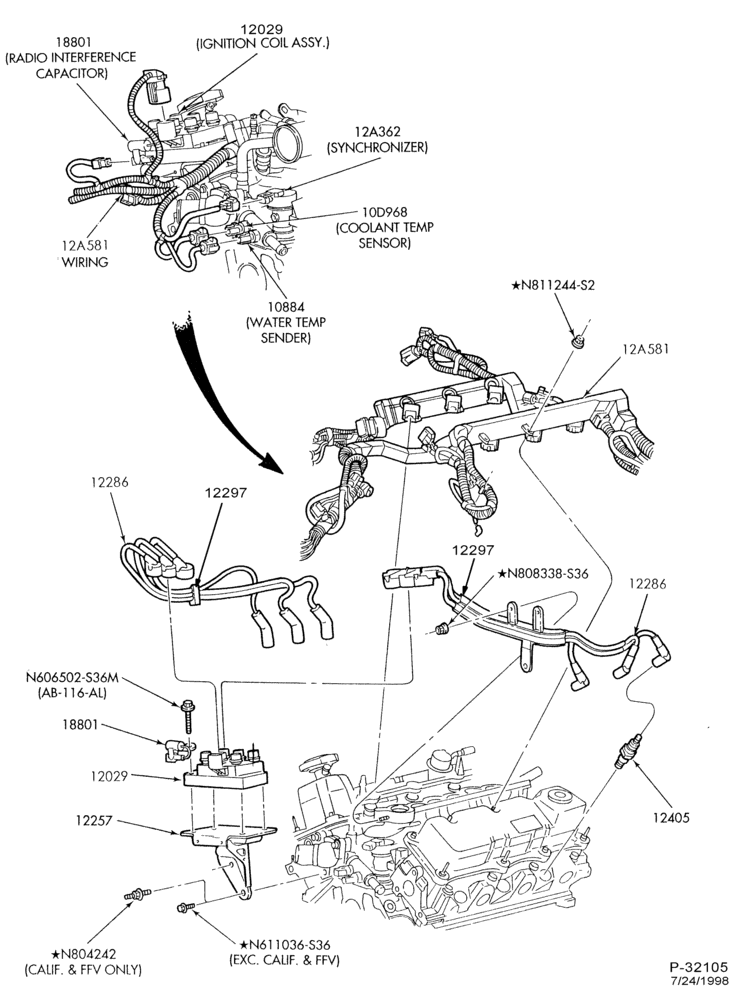 Схема Генератор, щиток приборов, АКБ — Провода зажигания — 6-цил. 3,0 л - exc. DOHC