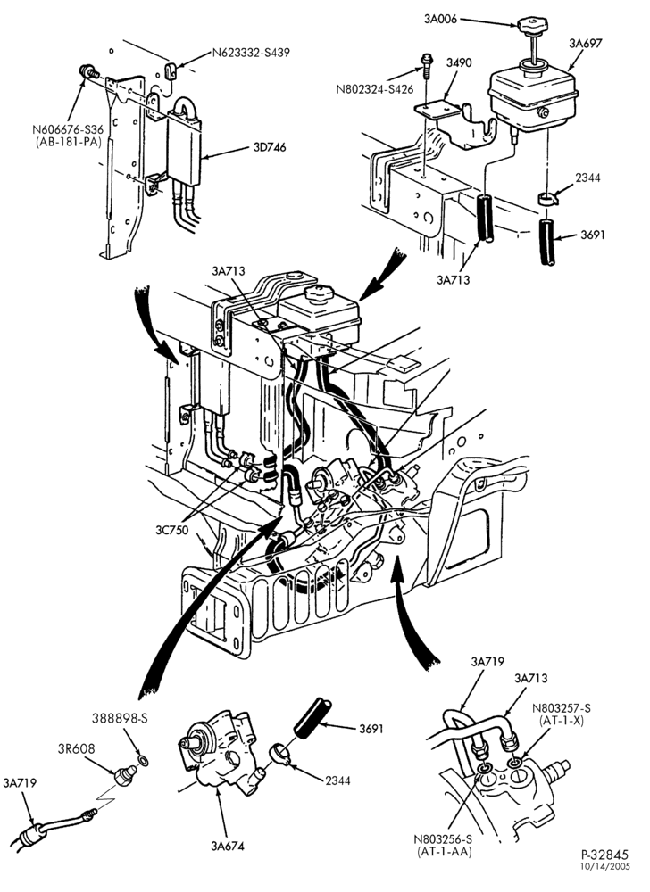 Схема STEERING-Power steering system - Pump installation - 6 cyl. 4.2L, 8 cyl. 4.6L & 5.4L, 10 cyl. 6.8L-E150/450