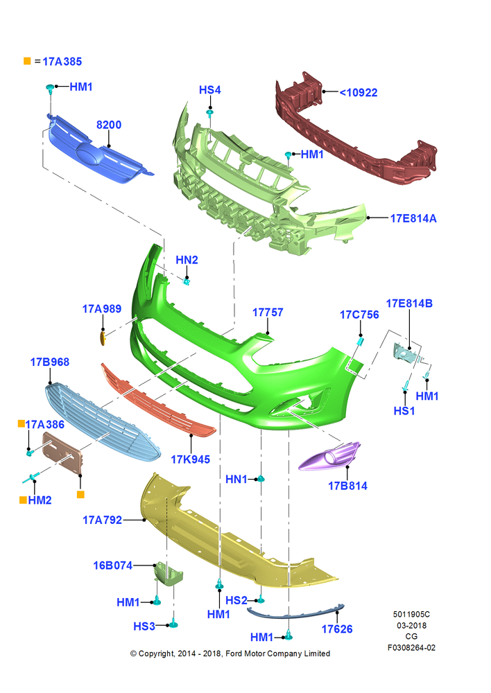 Схема Решётка радиатора и передний бампер, With Front Towing Hook; 15.09.2014–26.04.2018