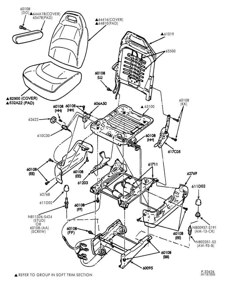 Схема SEATS AND SEAT BELTS-Front seat parts - upper - captain's chair - driver-E150/450