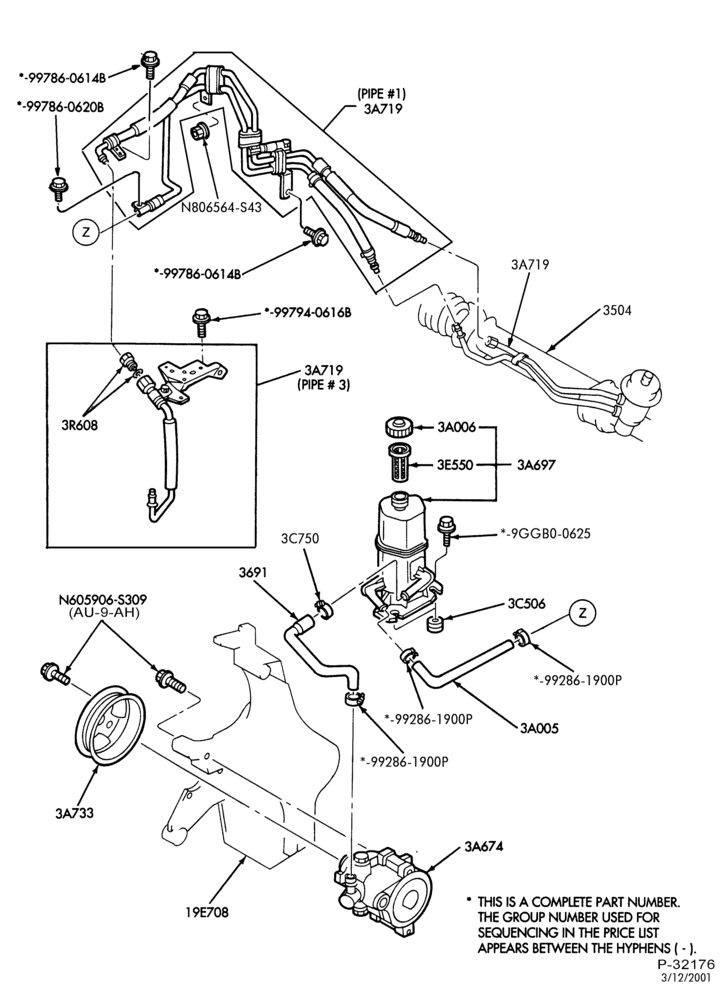 Схема STEERING-Power steering system - Pump installation - 4 cyl. 2.0L - hose & pump