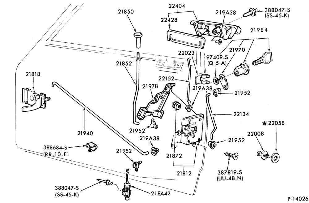 Схема BODY SIDES AND QUARTER-Handles and latch parts (front door) - body type 54