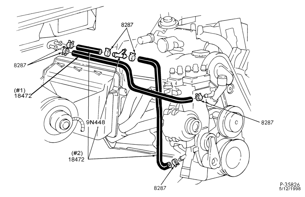 Схема Отопитель — Шланги отопителя - 4 cyl. 2.5L without a/c — R