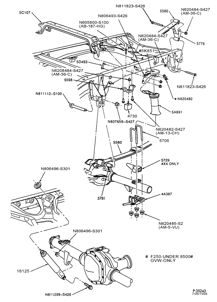 Схема SPRING, STABILIZERS, REAR SUSPENSION-Rear suspension - load leveling - rear suspension - Page C-F250-Under 8500# GVW