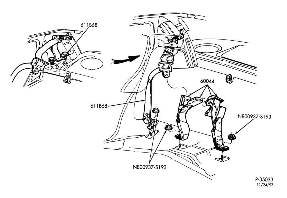 Схема SEATS AND SEAT BELTS-Seat belt & shoulder harness installation - rear - seat restraints