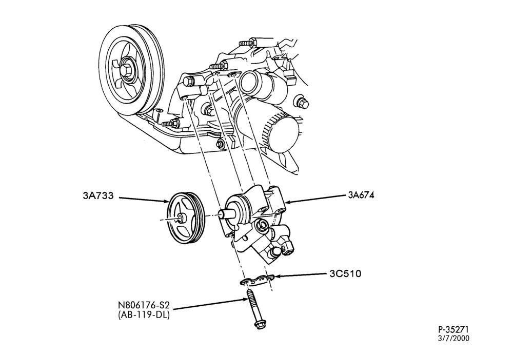 Схема STEERING-Power steering system - Pump installation - 8 cyl. 4.6L - without oil cooler - pump installation