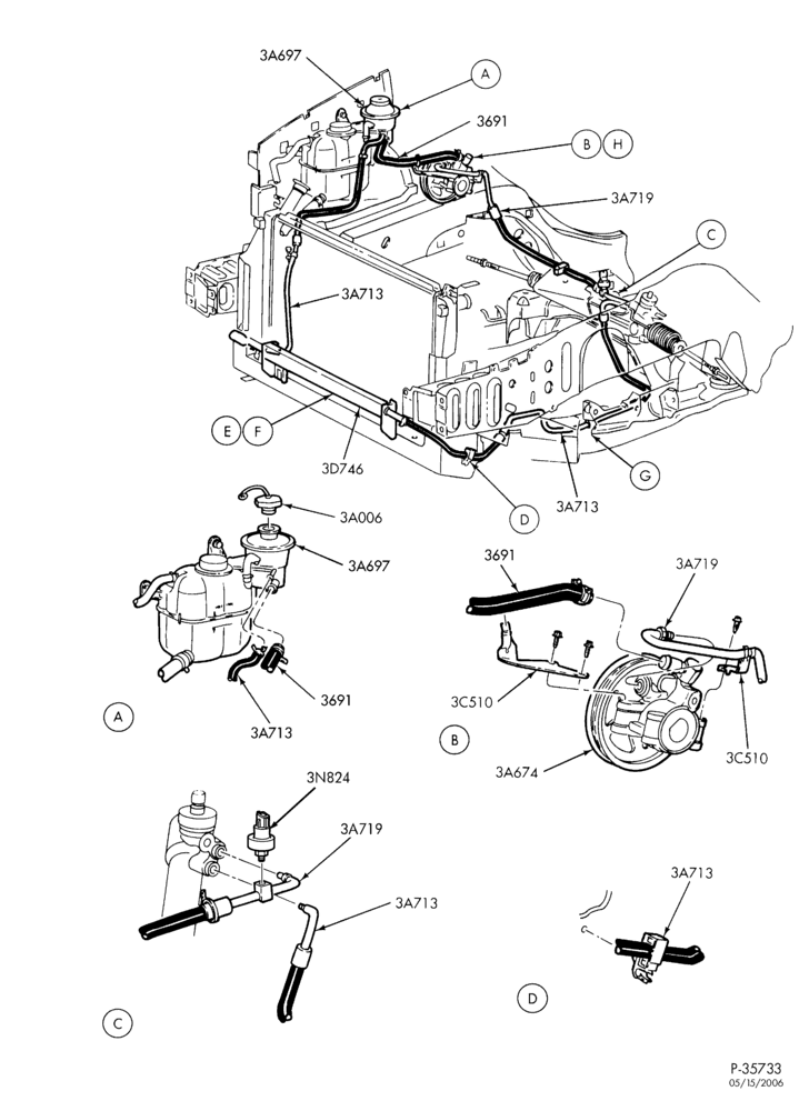 Схема STEERING-Power steering system - Pump installation - 6 cyl. 3.8L - Page A-TW