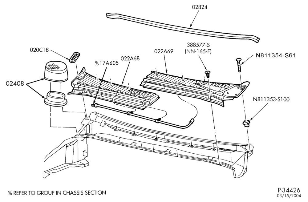 Схема Консоль, DASH, WINDSHIELD-Cowl panel top vent-F250SD/550SD