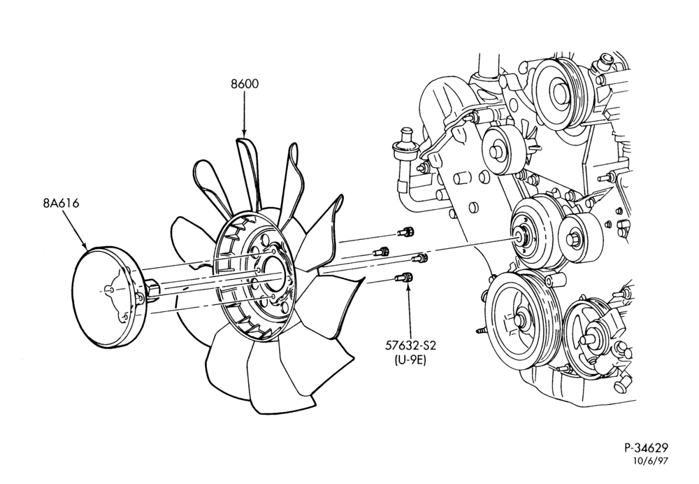 Схема Радиатор, GRILL AND COOLING-Cooling fan, clutch & related parts - 8 cyl. 7.3L Diesel-F250SD/550SD