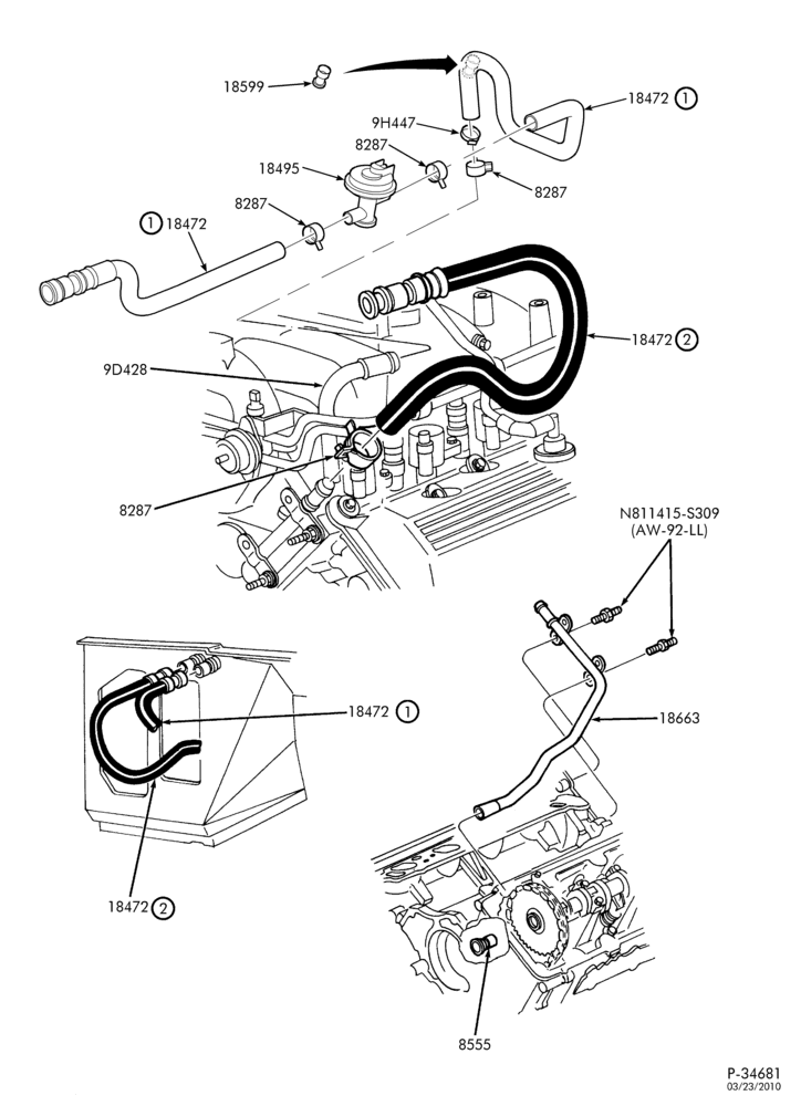 Схема HEATERS-Heater hose installation - without auxiliary a/c & heat - 10 cyl. 6.8L-L1