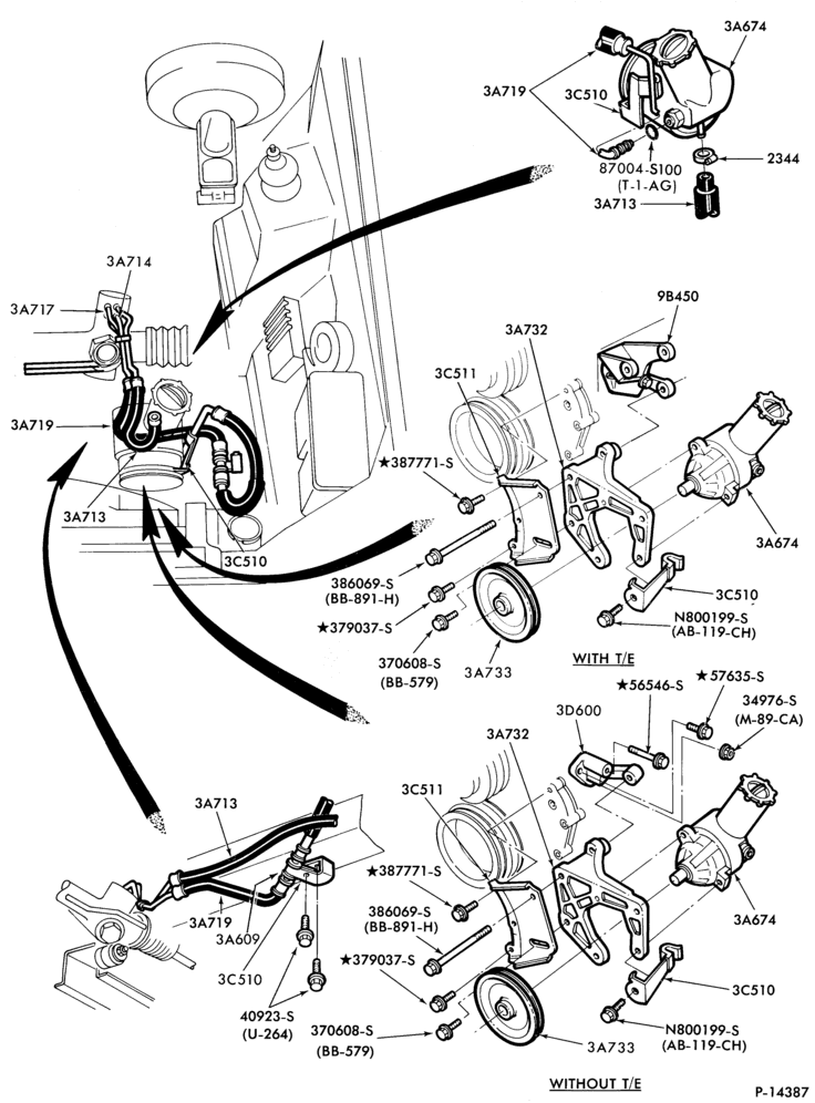 Схема STEERING-Pump installation  - 6 cyl. 200- (w/o oil cooler)