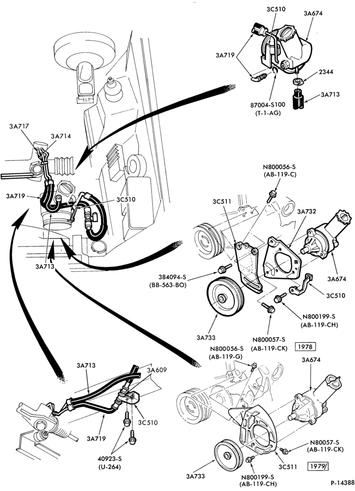 Схема STEERING-Pump installation - 4 cyl. 140 (2300cc) - (w/o oil cooler)