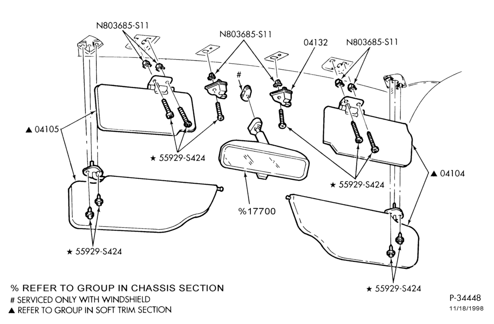 Схема Консоль, DASH, WINDSHIELD-Sun visor & rear view mirror - with aux. visor ""Before 2/10/98""-F250SD/550SD