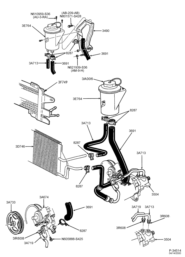 Схема STEERING-Power steering system - Hose & pump installation - 8 cyl. 4.6L