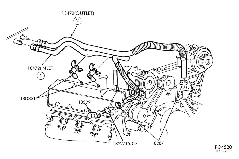 Схема HEATERS-Heater hose installation w/o ambient temp/speed pack - 8 cyl. 7.3L diesel-F250SD/550SD