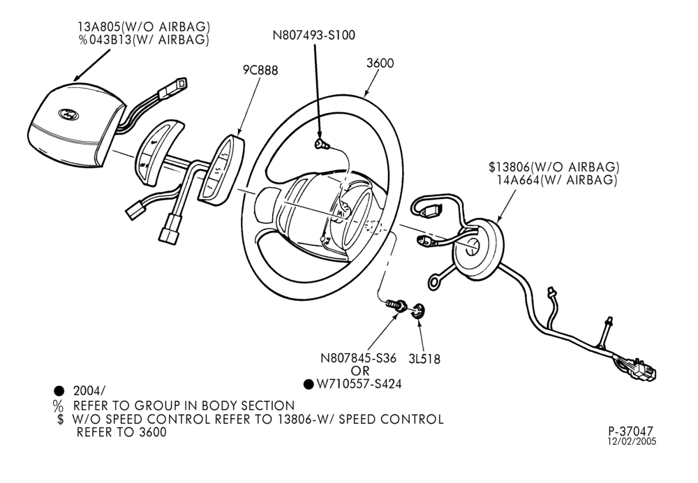 Схема STEERING WHEEL & HORN-Steering wheel & horn 4-spoke wheel-E150/350