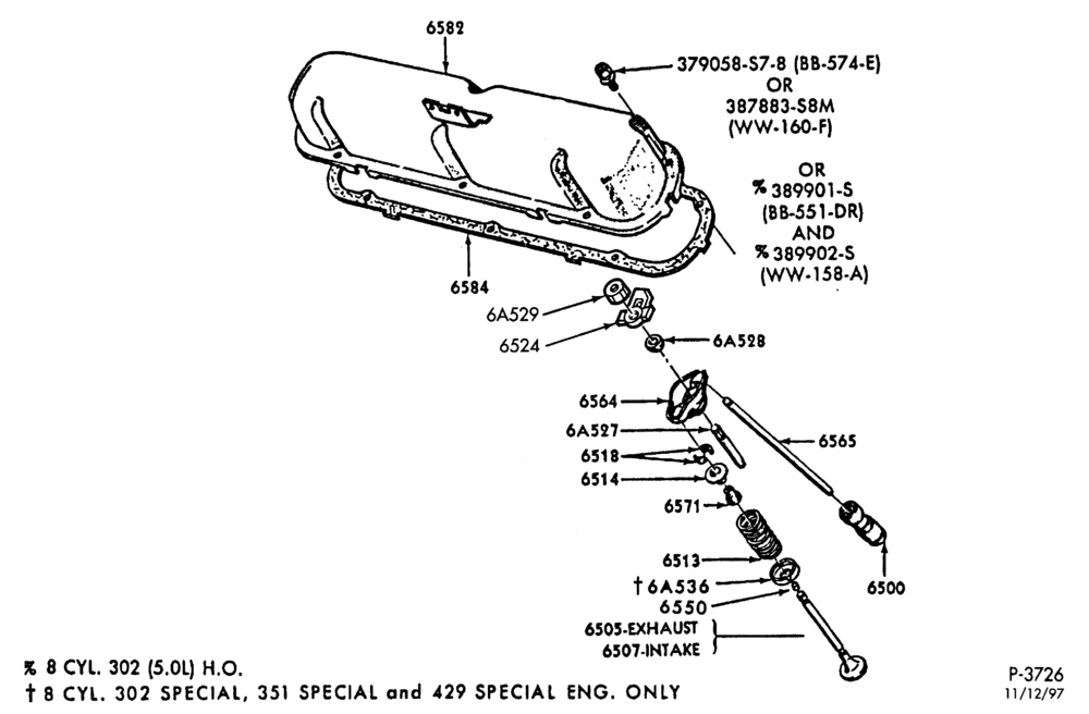 Схема 8 CYL. 5.8L-Valves, push rods & rocker arm cover-U150