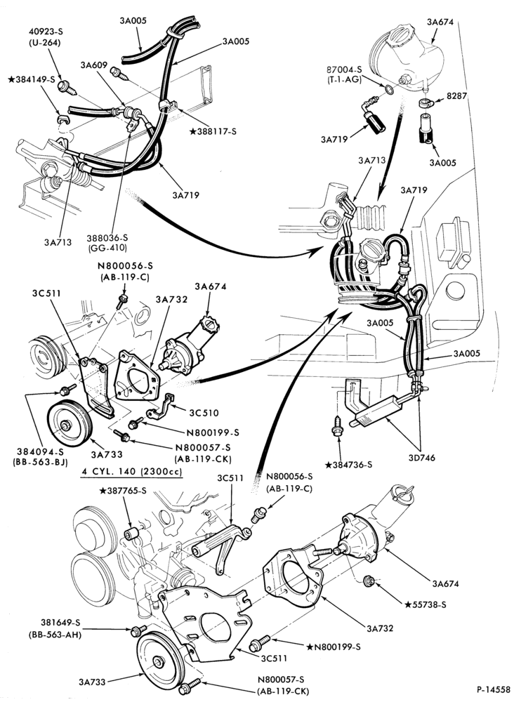 Схема STEERING-Pump installation - 4 cyl. 140 (2300cc) - w/cooler