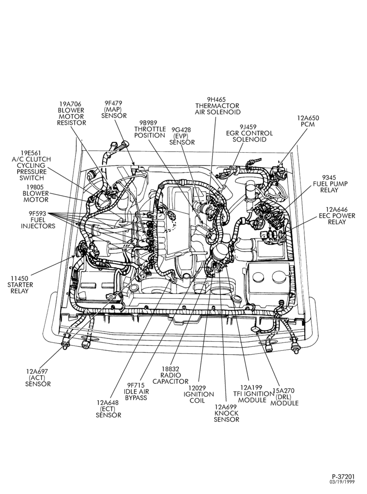 Схема Генератор, INSTRUMENT CLUSTER, BATTERY-Engine control sensors & wiring - F150/350 - 6 cyl. 4.9L