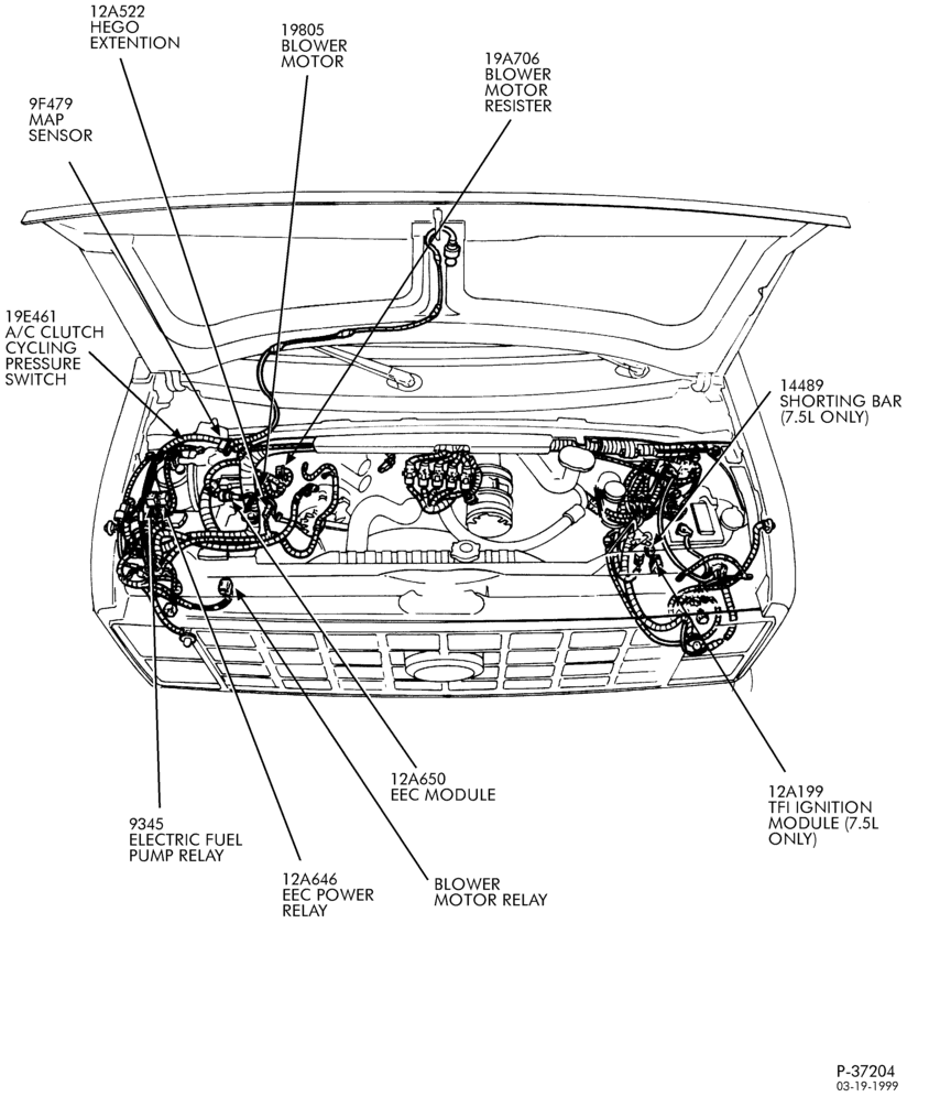 Схема DISTRIBUTOR AND IGNITION SYSTEM-Engine control sensors & wiring - under hood - E150/350 - 6 cyl. 4.9L & 8 cyl. 5.0L & 5.8L & 7.5L