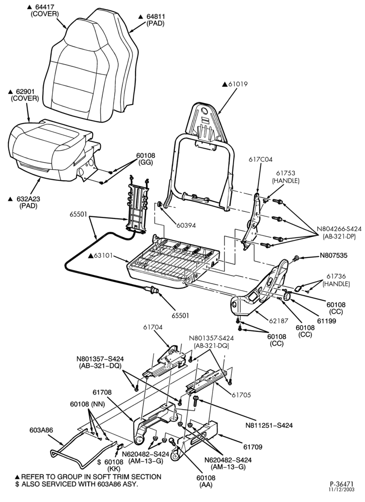 Схема SEATS AND SEAT BELTS-Front seat - captain chair or 40% - manual track - Regular Cab-F150