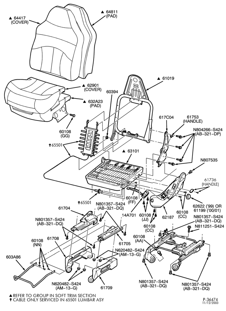 Схема SEATS AND SEAT BELTS-Front seat - 60/40 split bench - 40% seat - ""Before 10/25/00''-F150