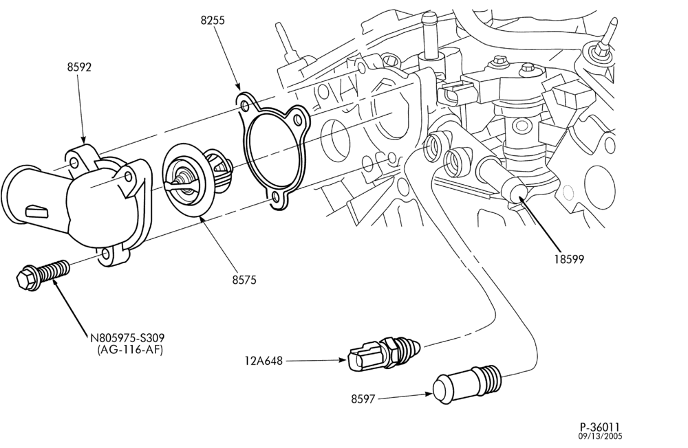 Схема Радиатор, GRILL AND COOLING-Water outlet, thermostat & related parts - 6 cyl. 3.0L-TW