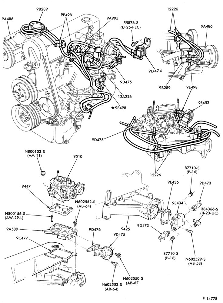 Схема 4 CYL. 2.3L (140 C.I.D.) - EXC. TC (TURBO)-recirculation (E.G.R.)- Calif. only