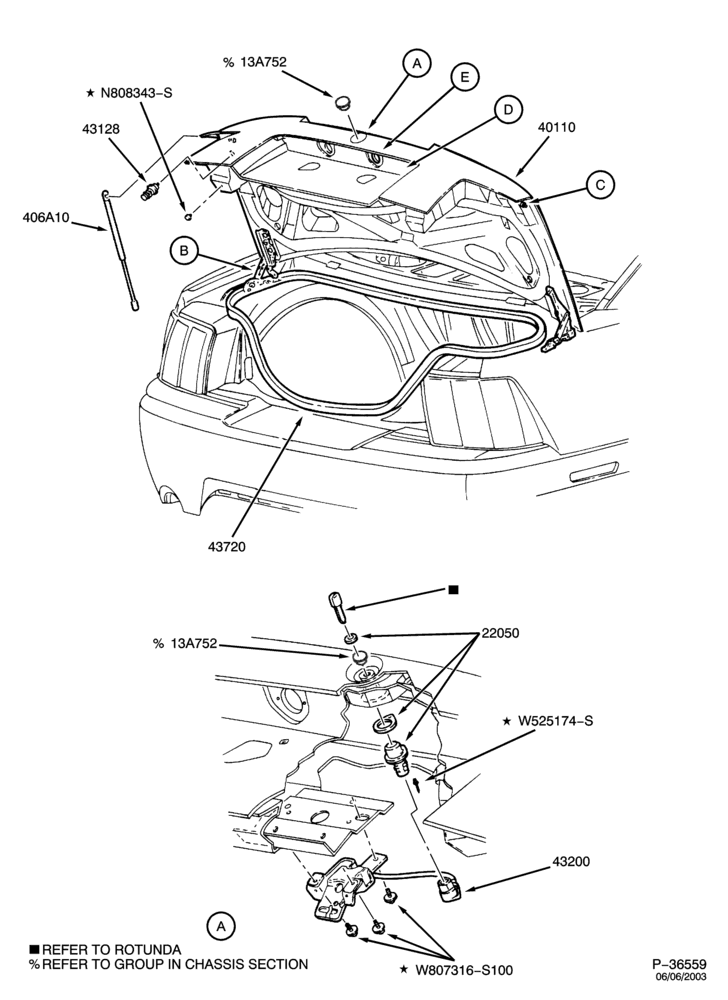 Схема LIFT/TAILGATE, LUGGAGE & BACK WINDOW-Decklid, hinge, seal & related parts - Page A
