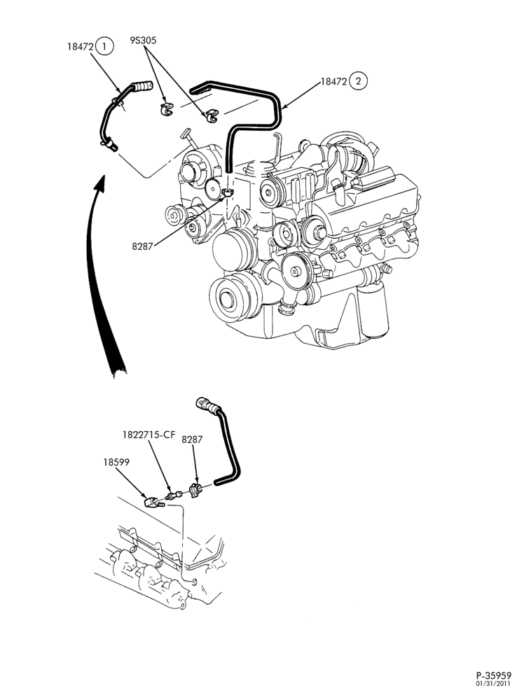 Схема HEATERS-Heater hose installation - 8 cyl. 6.3L - diesel - without aux. heater-E350/450 E(Stripped Chassis)