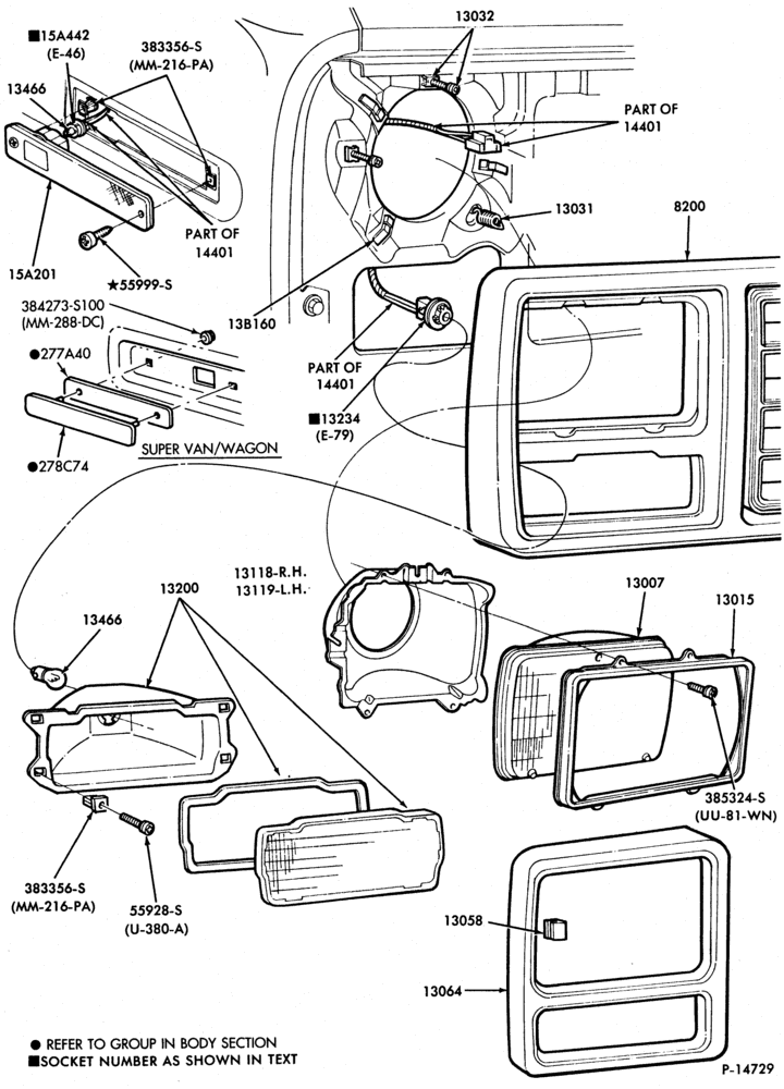 Схема LAMPS-Headlamp, parking lamp, marker lamps and related parts-E100/350