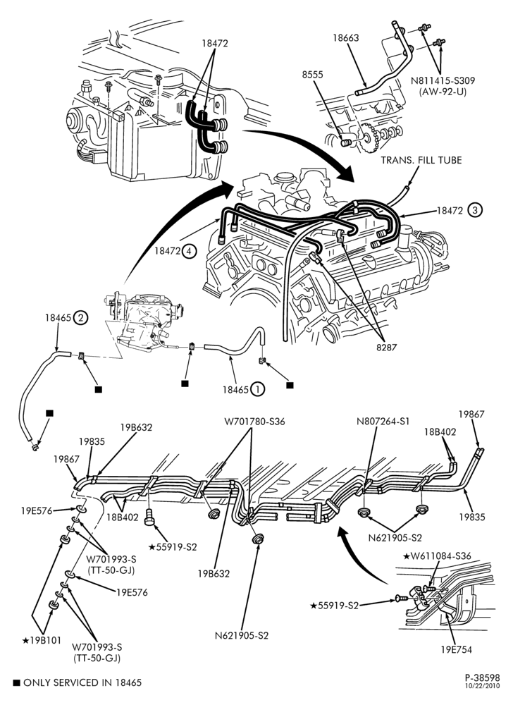 Схема HEATERS-Heater hose installation - 8 cyl. 4.6L, 5.4L & 10 cyl. 6.8L - with aux.-E150/550