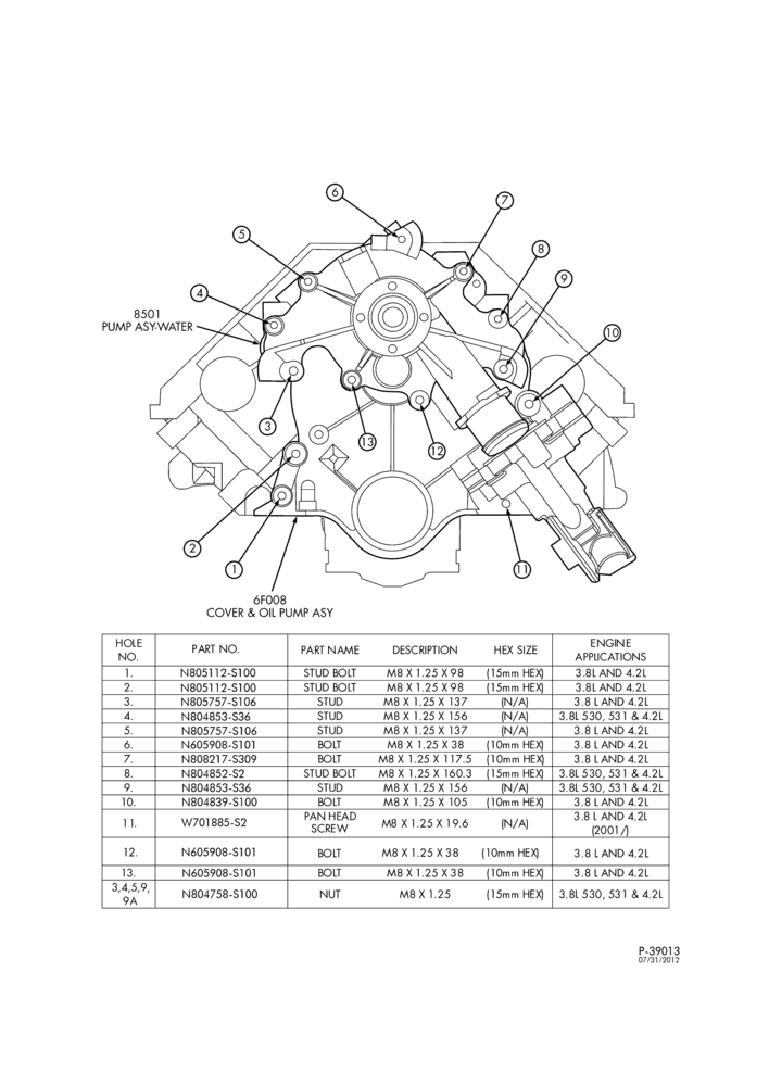 Схема Радиатор, GRILL AND COOLING-Water pump assembly fasteners - 6 cyl. 4.2L-F150
