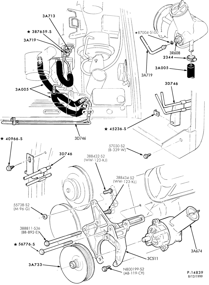 Схема STEERING-Pump installation - 8 cyl. 302 and 351W-(w/oil cooler)