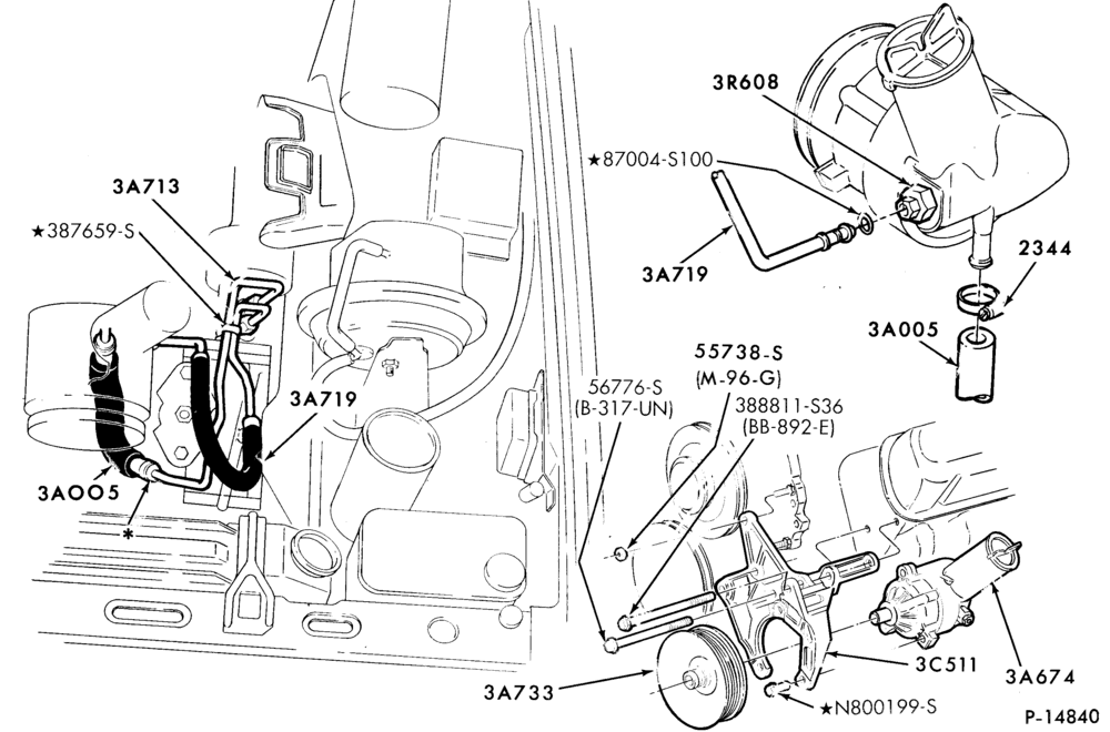 Схема STEERING-Pump installation - 8 cyl. 302 and 351W - (w/o oil cooler)
