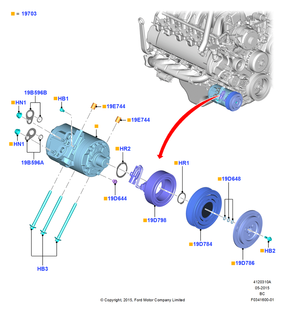 Схема Конденсатор и компрессор кондиционера, 6.8L Gas EFI V10, Manual Air Conditioning, Compressor Installation; 13.07.2015
