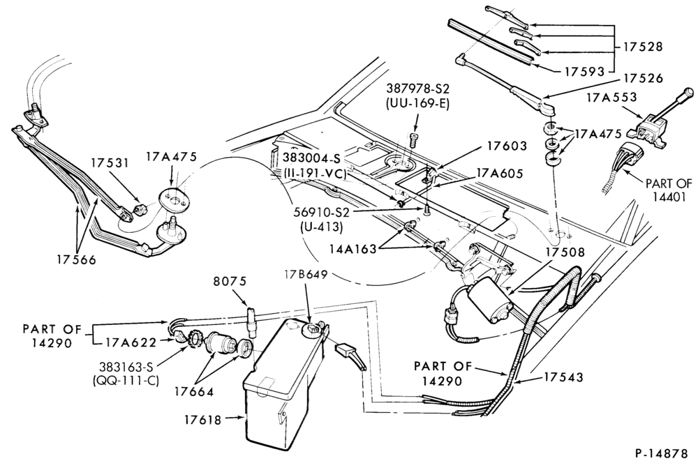 Схема SPEEDOMETER, BUMPERS, MIRRORS AND WIPERS-Windshield wiper and washer- front - less turbo