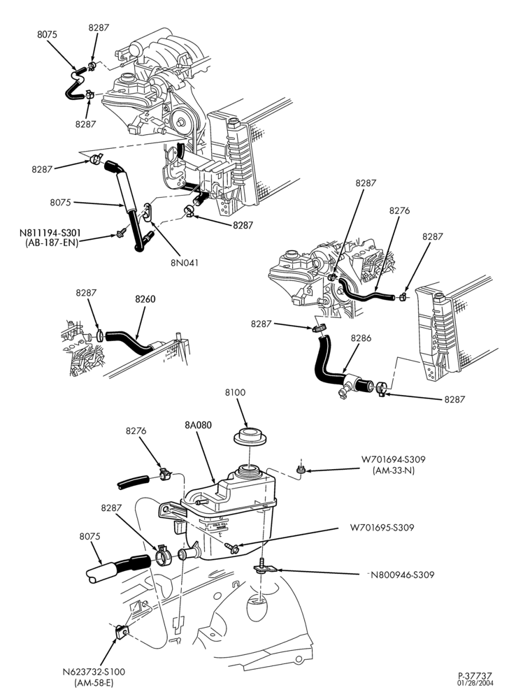 Схема Радиатор, GRILL AND COOLING-Cooling system - radiator hose installation - 6 cyl. 3.0L - exc. DOHC
