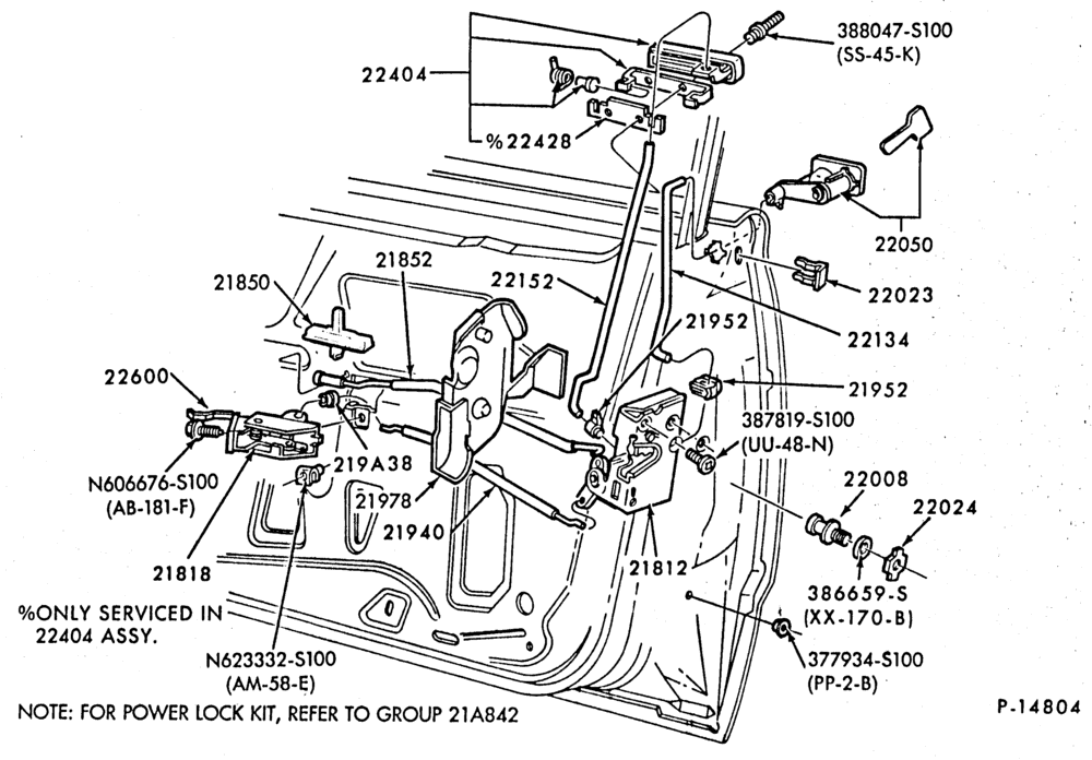 Схема BODY SIDES AND QUARTER-Handles and latch parts - front door - manual - body types 54 and 74