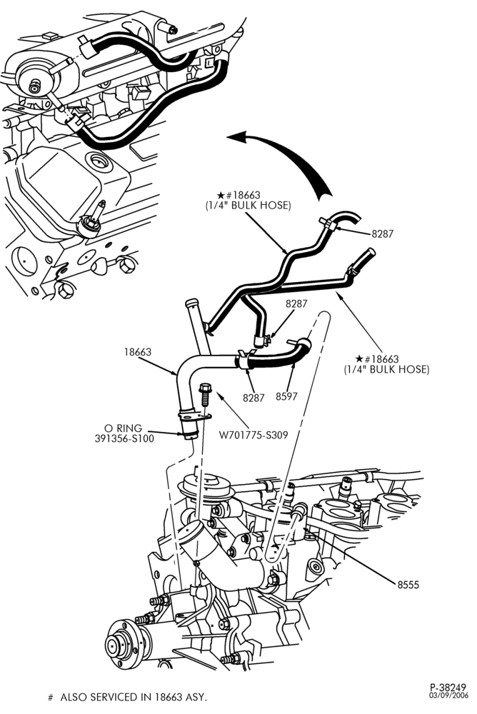 Схема Отопители — Шланги отопителя - 6 cyl. 4.2L-F150 (exc. 7700)