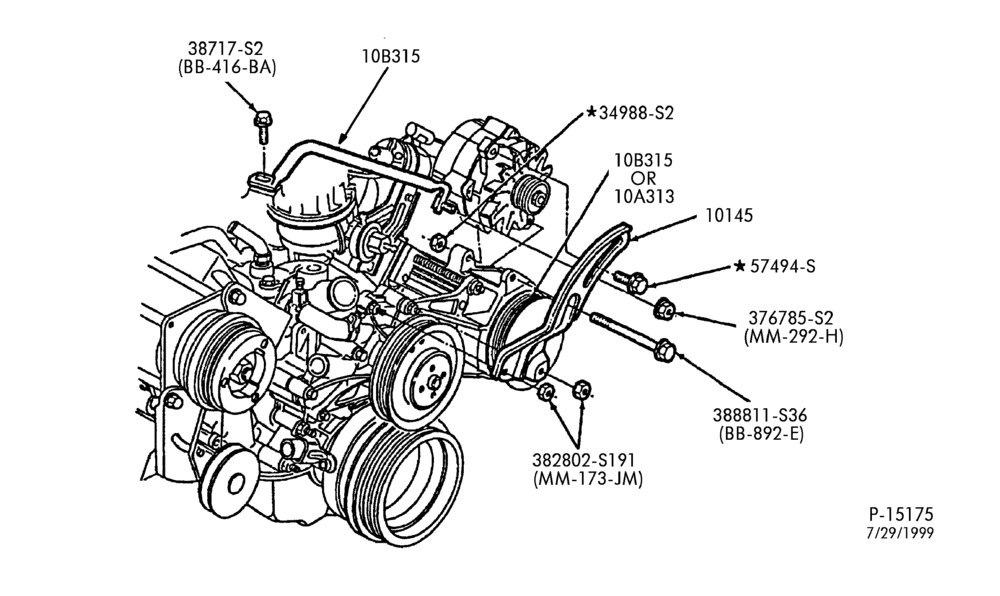Схема Стартер, IGNITION AND HEADLAMP SWITCHES-Alternator mounting brackets (typical)- 8 cyl. 302 (5.0L), 351W (5.8L)