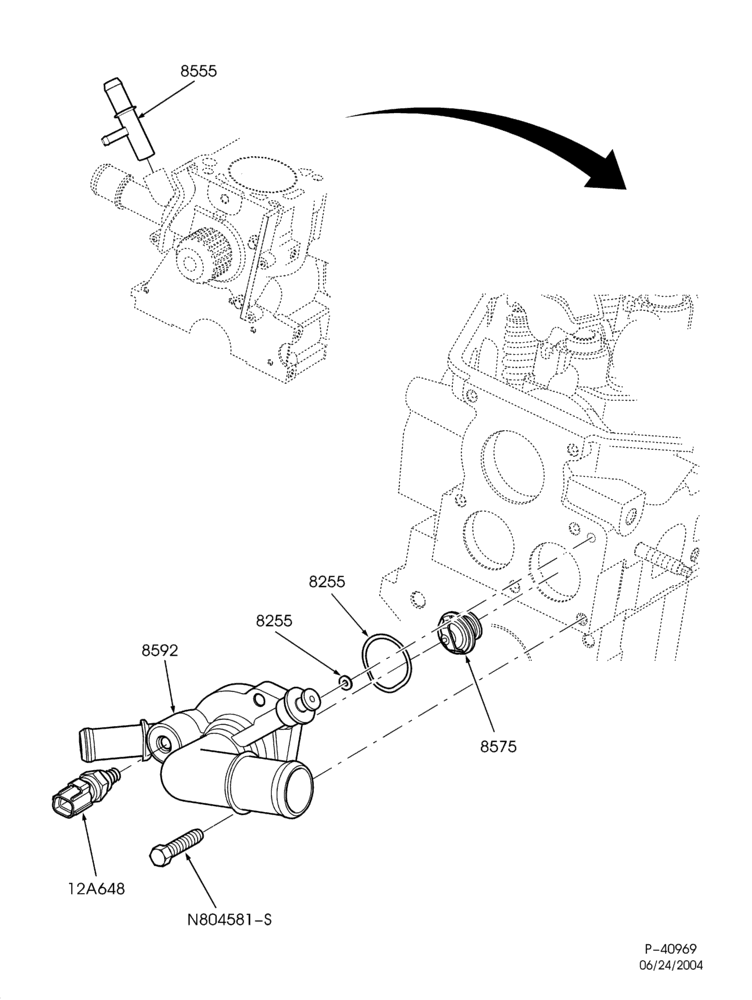 Схема Радиатор, GRILL AND COOLING-Thermostat housing - 4 cyl. 2.0L - exc. DOHC