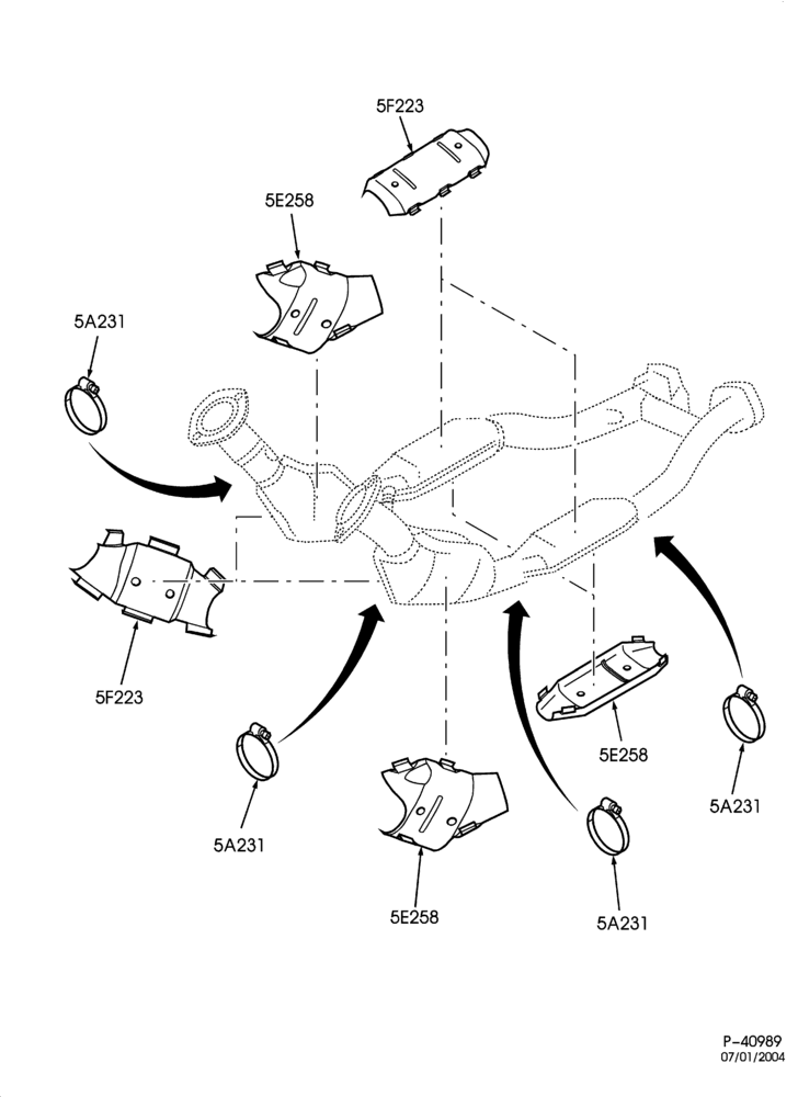 Схема FRONT SPRING AND STABILIZERS-(F) 8 CYL. 4.6L - EXHAUST SYSTEM - HEAT SHIELDS