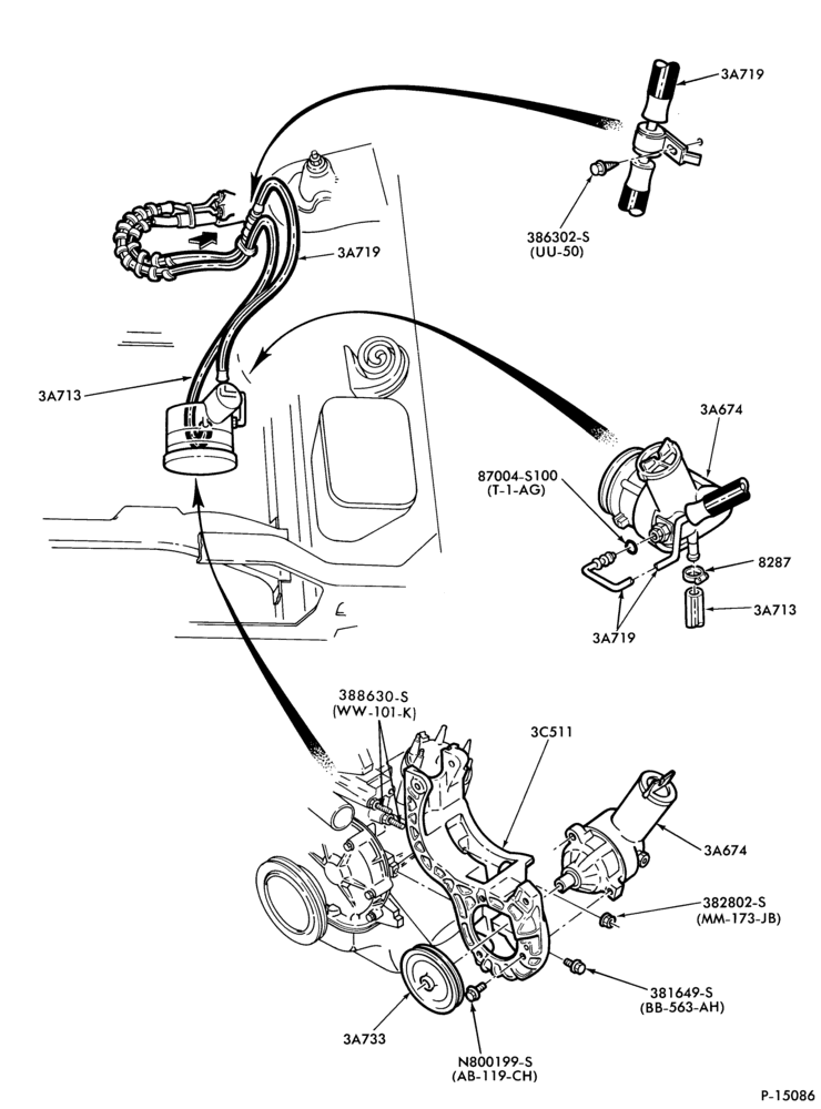 Схема STEERING-Power steering system- Hose and pump installation - 6 cyl. 250